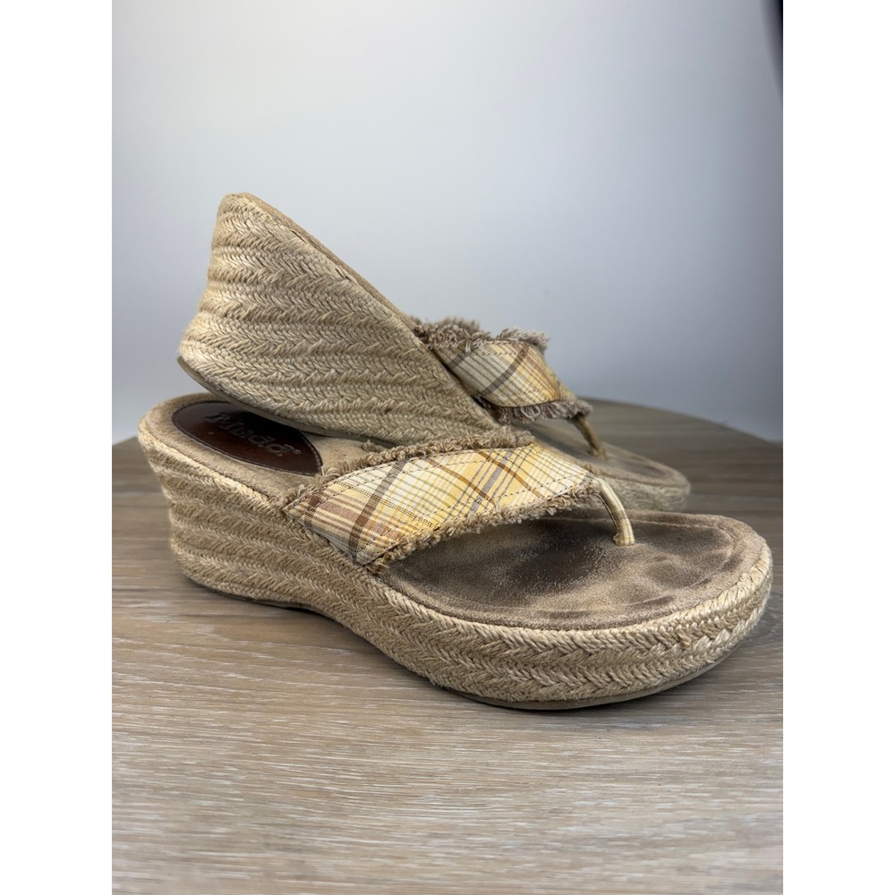 Mudd Womens 8.5M Wedge Sandals Sativa Yellow Plaid Frayed Thong Espadrille Y2K